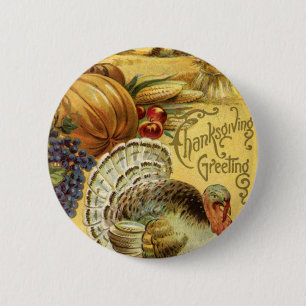 Vintage Thanksgiving Greetings with Turkey 6 Cm Round Badge