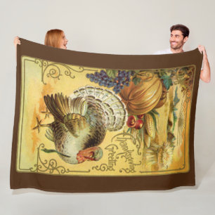 Vintage Thanksgiving Greetings with Turkey Fleece Blanket