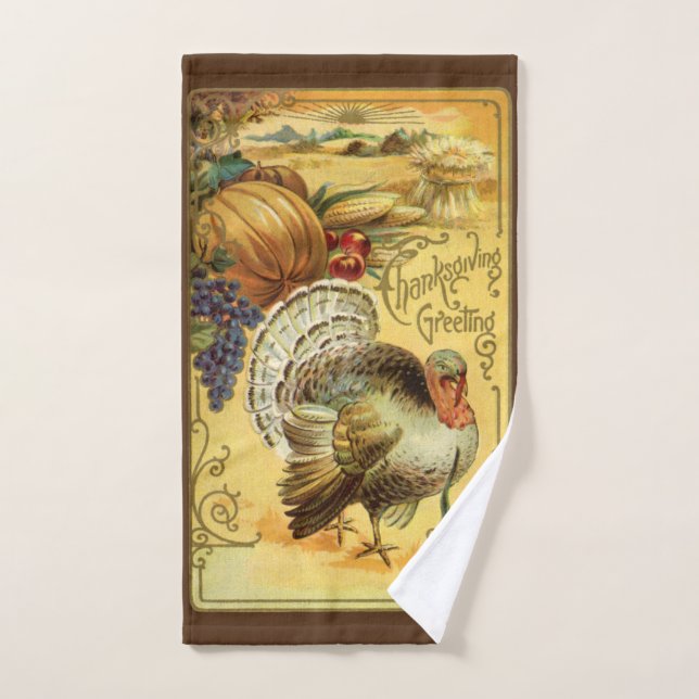 Vintage Thanksgiving Greetings with Turkey Hand Towel (Hand Towel)