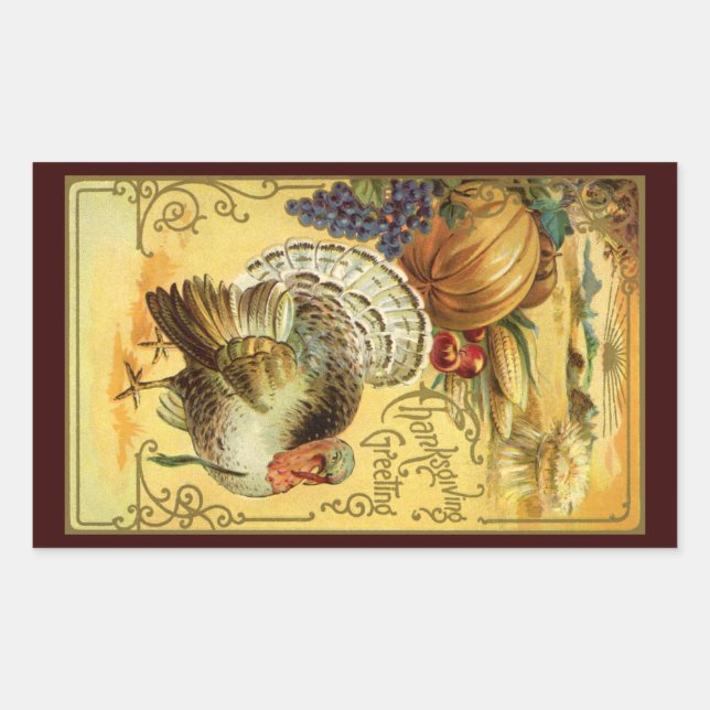 Vintage Thanksgiving Greetings with Turkey Rectangular Sticker (Front)
