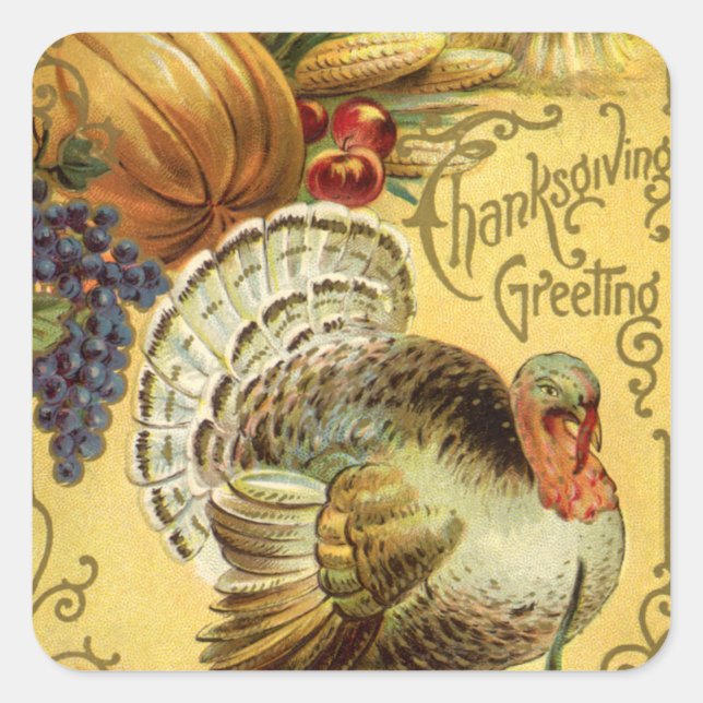 Vintage Thanksgiving Greetings with Turkey Square Sticker (Front)