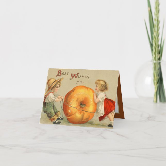 vintage Thanksgiving kids add sentiment Holiday Card (Front)
