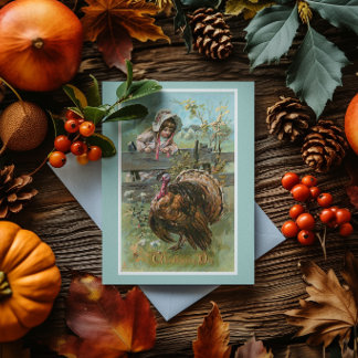 Vintage Thanksgiving Little Girl And Turkey Card