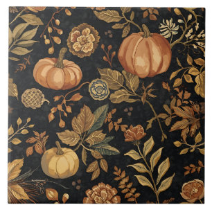 Vintage, Thanksgiving Pattern and Black Background Ceramic Tile
