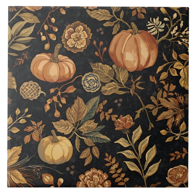 Vintage, Thanksgiving Pattern and Black Background Ceramic Tile (Front)