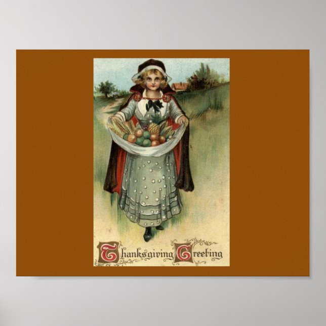 Vintage Thanksgiving Postcard Pilgrim Woman Poster (Front)