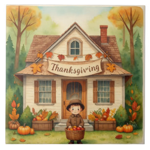 Vintage, Thanksgiving, The Boy and Autumn Blessing Ceramic Tile