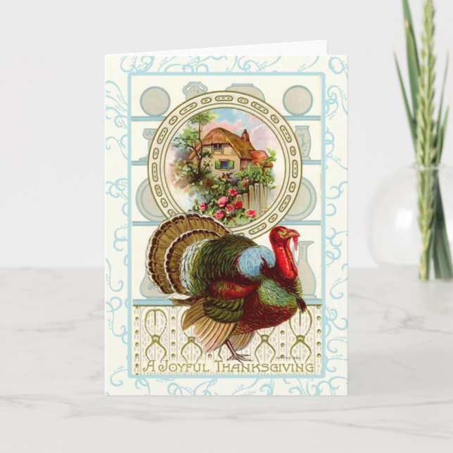 Vintage Thanksgiving Turkey and Cottage Holiday Card (Front)