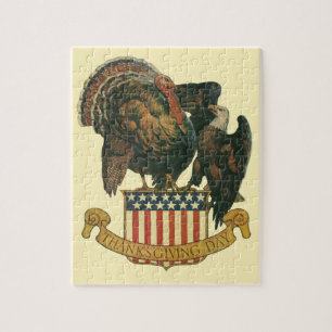 Vintage Thanksgiving Turkey and Eagle with Flag Jigsaw Puzzle