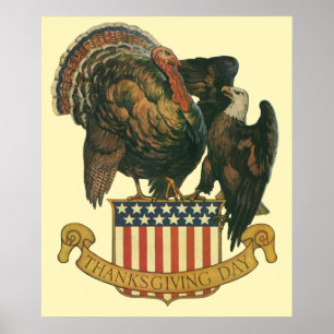 Vintage Thanksgiving Turkey and Eagle with Flag Poster