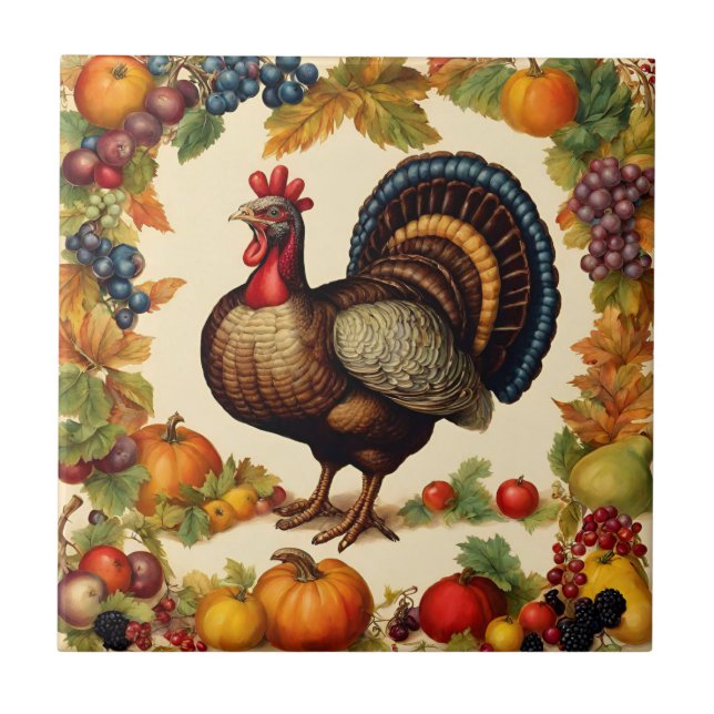 Vintage Thanksgiving Turkey and Fruit Harvest Ceramic Tile (Front)