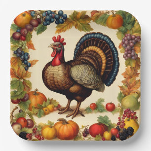 Vintage Thanksgiving Turkey and Fruit Harvest Paper Plate