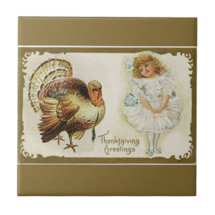 Vintage Thanksgiving Turkey and Little Girl Gold Tile