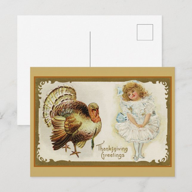 Vintage Thanksgiving Turkey and Little Girl Holiday Postcard (Front/Back)