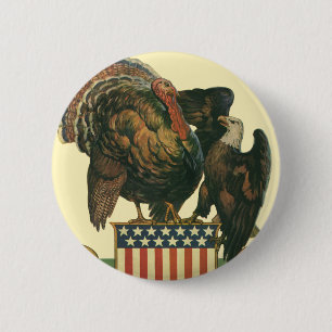 Vintage Thanksgiving Turkey, Eagle, Amercan Flag 6 Cm Round Badge