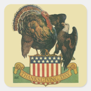 Vintage Thanksgiving Turkey, Eagle, Amercan Flag Square Sticker