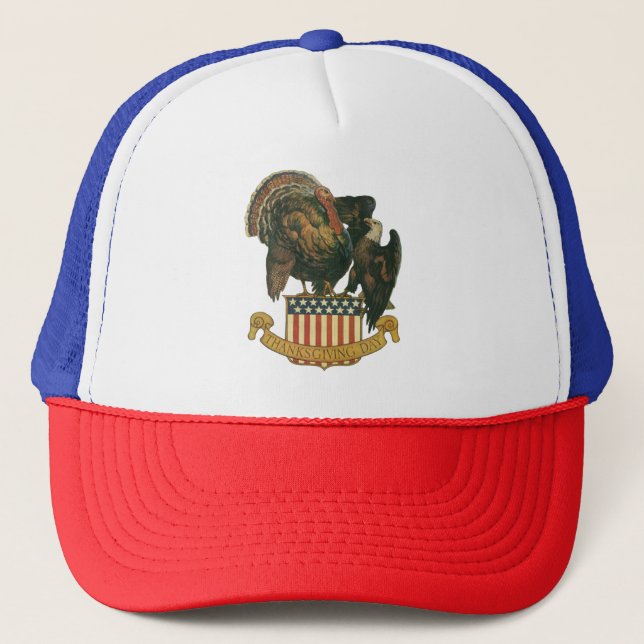 Vintage Thanksgiving Turkey, Eagle, American Flag Trucker Hat (Front)