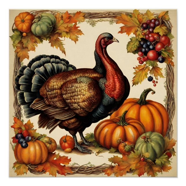 Vintage Thanksgiving Turkey, Fruit and Pumpkins  Poster (Front)
