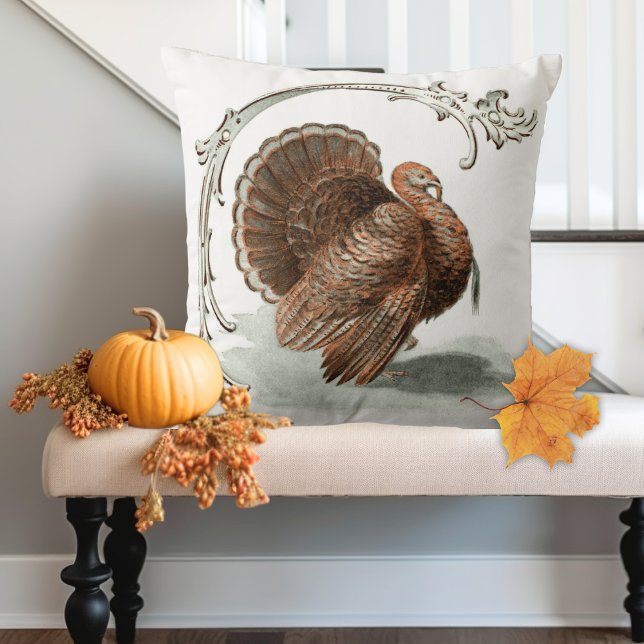 Vintage Thanksgiving Turkey Illustration Cushion (Vintage Thanksgiving Turkey Illustration Throw Pillow in Autumn WaterColors)
