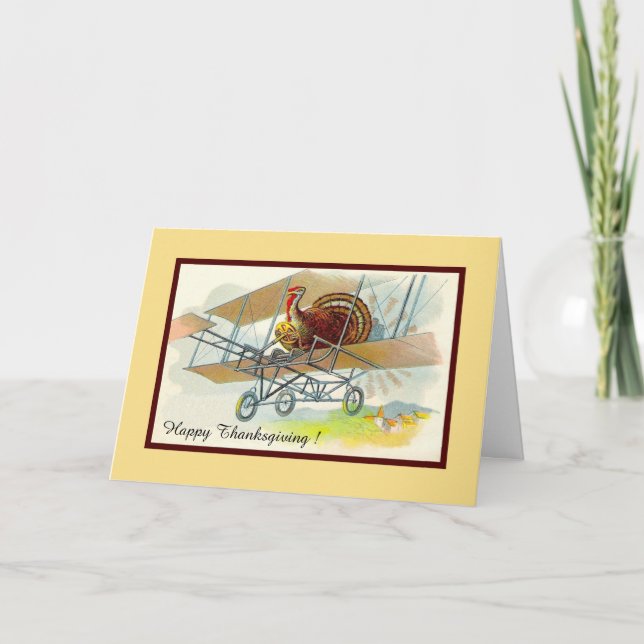 Vintage thanksgiving turkey in airplane holiday card (Front)
