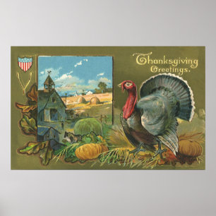Vintage Thanksgiving, Turkey on the Farm Poster