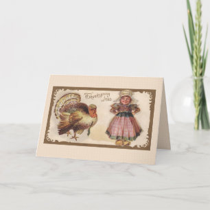 Vintage Thanksgiving, Turkey, Pilgrim Girl Holiday Card