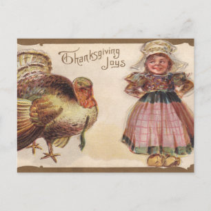 Vintage Thanksgiving, Turkey, Pilgrim Girl Holiday Postcard