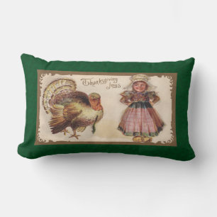 Vintage Thanksgiving, Turkey, Pilgrim Girl Lumbar Cushion