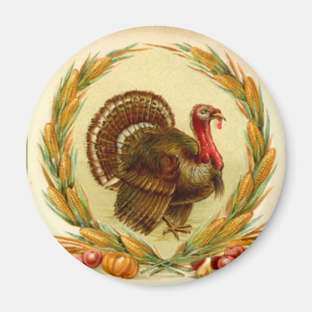 Vintage Thanksgiving Turkey Round Magnet (Front)