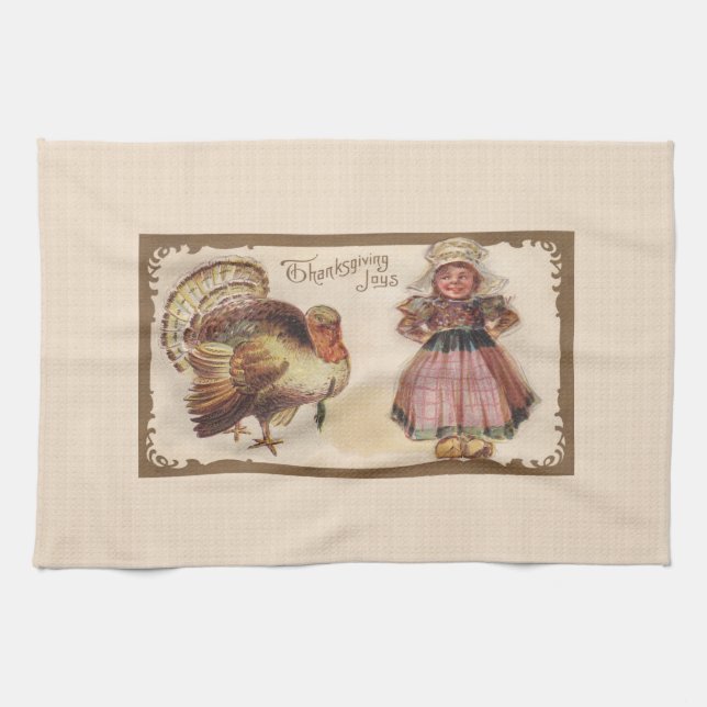 Vintage Thanksgiving, Turkey with Pilgrim Girl Tea Towel (Horizontal)