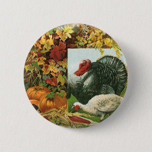 Vintage Thanksgiving, Wild Turkeys Autumn Colours 6 Cm Round Badge