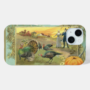 Vintage Thanksgiving with Turkeys and Pilgrims iPhone 15 Case