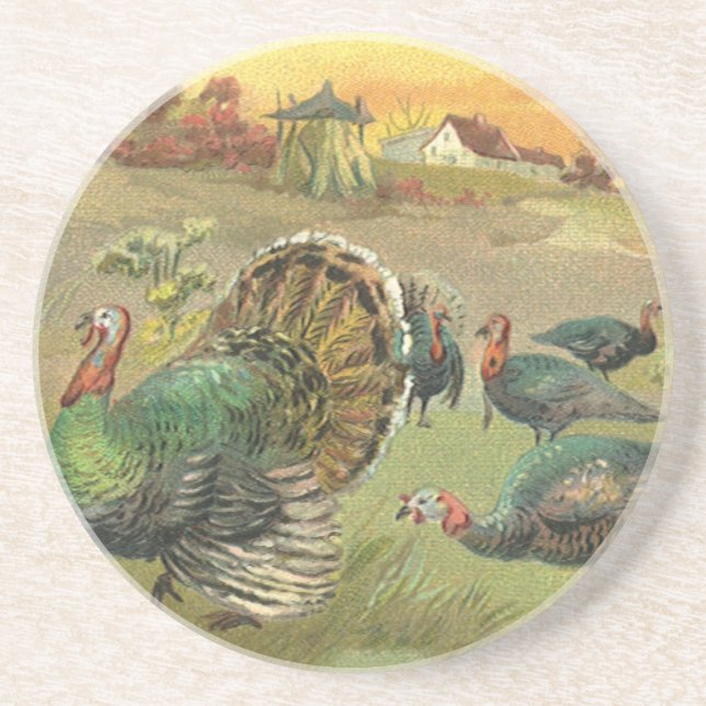 Vintage Thanksgiving with Turkeys and Pilgrims Coaster (Front)