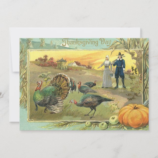 Vintage Thanksgiving with Turkeys and Pilgrims Holiday Card (Front)
