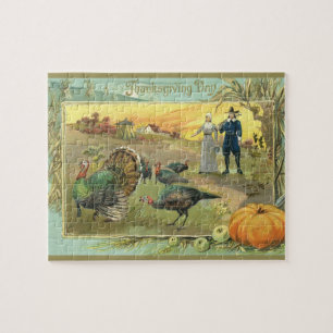 Vintage Thanksgiving with Turkeys and Pilgrims Jigsaw Puzzle