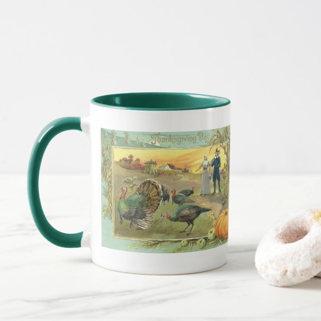 Vintage Thanksgiving with Turkeys and Pilgrims Mug (With Donut)