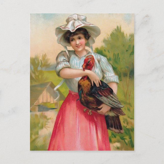 Vintage Thanksgiving Woman and Turkey Postcard (Front)