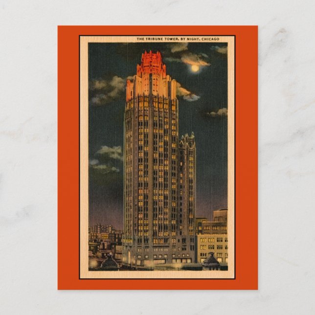 Vintage The Tribune Tower By Night Chicago Postcard (Front)