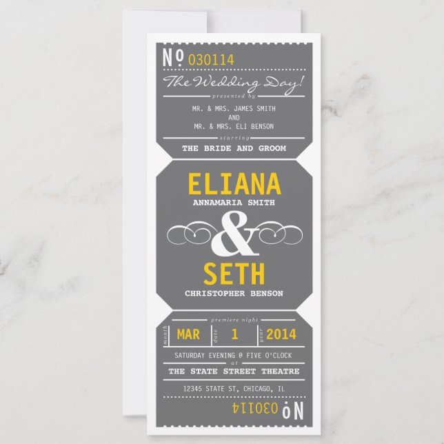Vintage Theatre Ticket Invitation Grey and Yellow (Front)