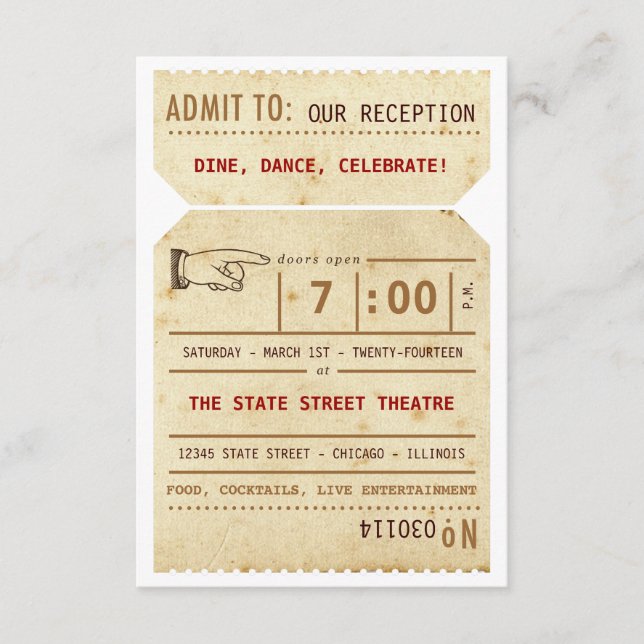 Vintage Theatre Ticket Reception Insert Card (Front)