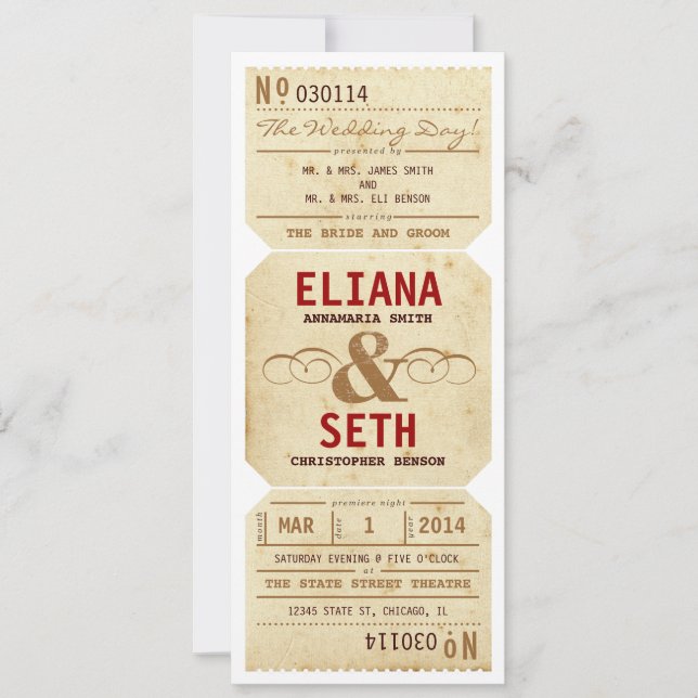 Vintage Theatre Ticket Wedding Invitation (Front)