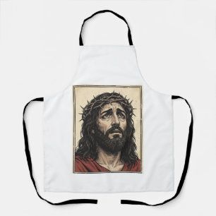 Vintage Thorn Crown Religious Portrait Vector Art_ Apron