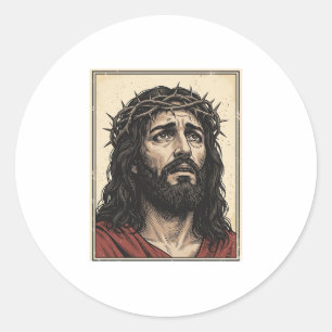 Vintage Thorn Crown Religious Portrait Vector Art_ Classic Round Sticker