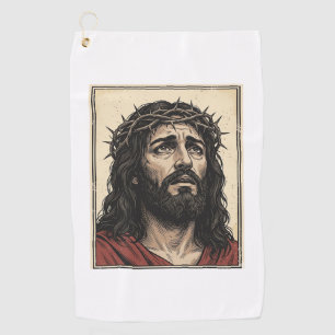 Vintage Thorn Crown Religious Portrait Vector Art_ Golf Towel