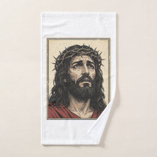 Vintage Thorn Crown Religious Portrait Vector Art_ Hand Towel