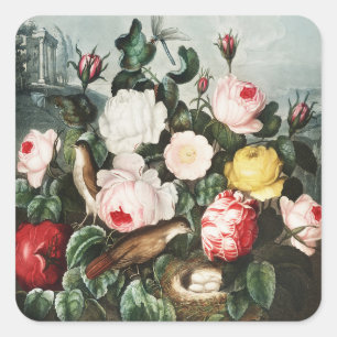 Vintage Thornton Roses Bird Nest Art Square Sticker
