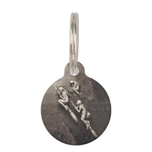 Vintage Three Halloween Witches Flying Brooms Pet Tag