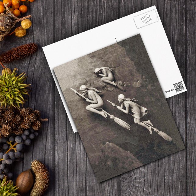 Vintage Three Halloween Witches Flying Brooms Postcard (Three witches all in white flying on brooms on shades of brown postcard.)