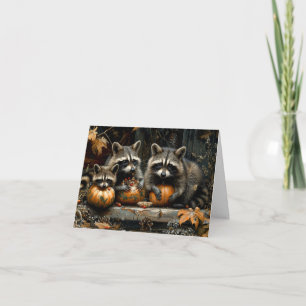 Vintage Three Raccoons and Pumpkins Autumn Blank Note Card