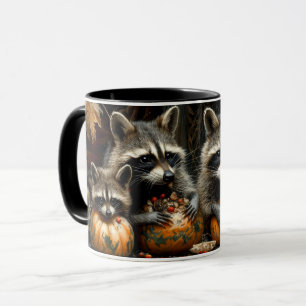 Vintage Three Raccoons and Pumpkins Autumn Mug